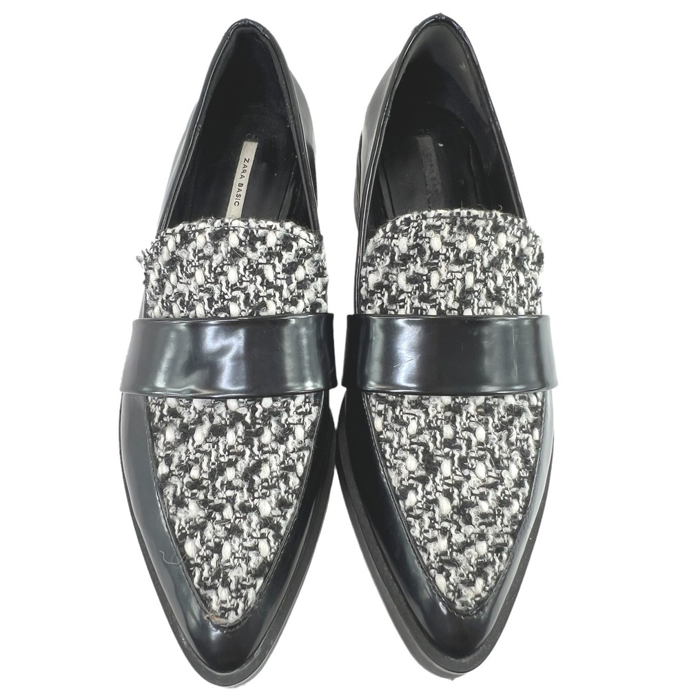 Zara Loafers Platform Tweed Patent Leather Pointed Toe Black White Sz 36 6 Edgy